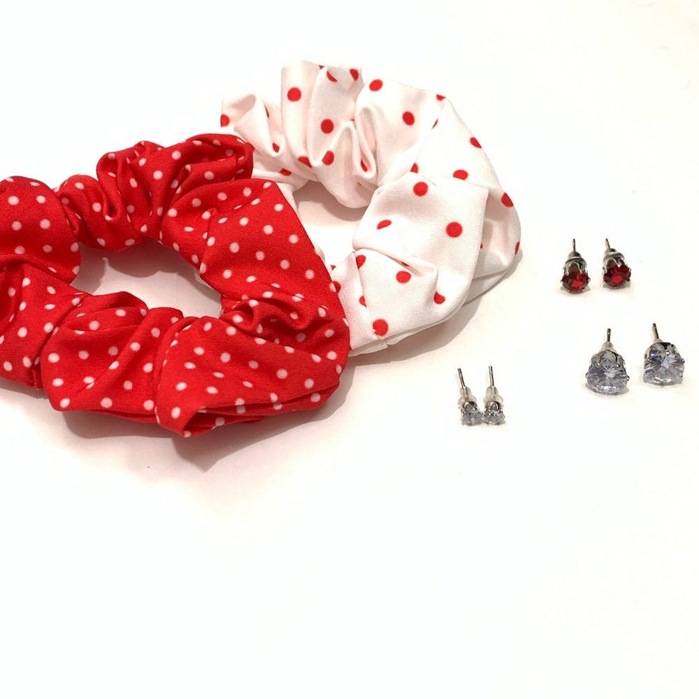 New Red & White Polka Dot Scrunchie Set with Stud Earrings